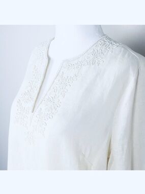 LANDS END White Embroidered Glass Beads Linen Tunic Blouse